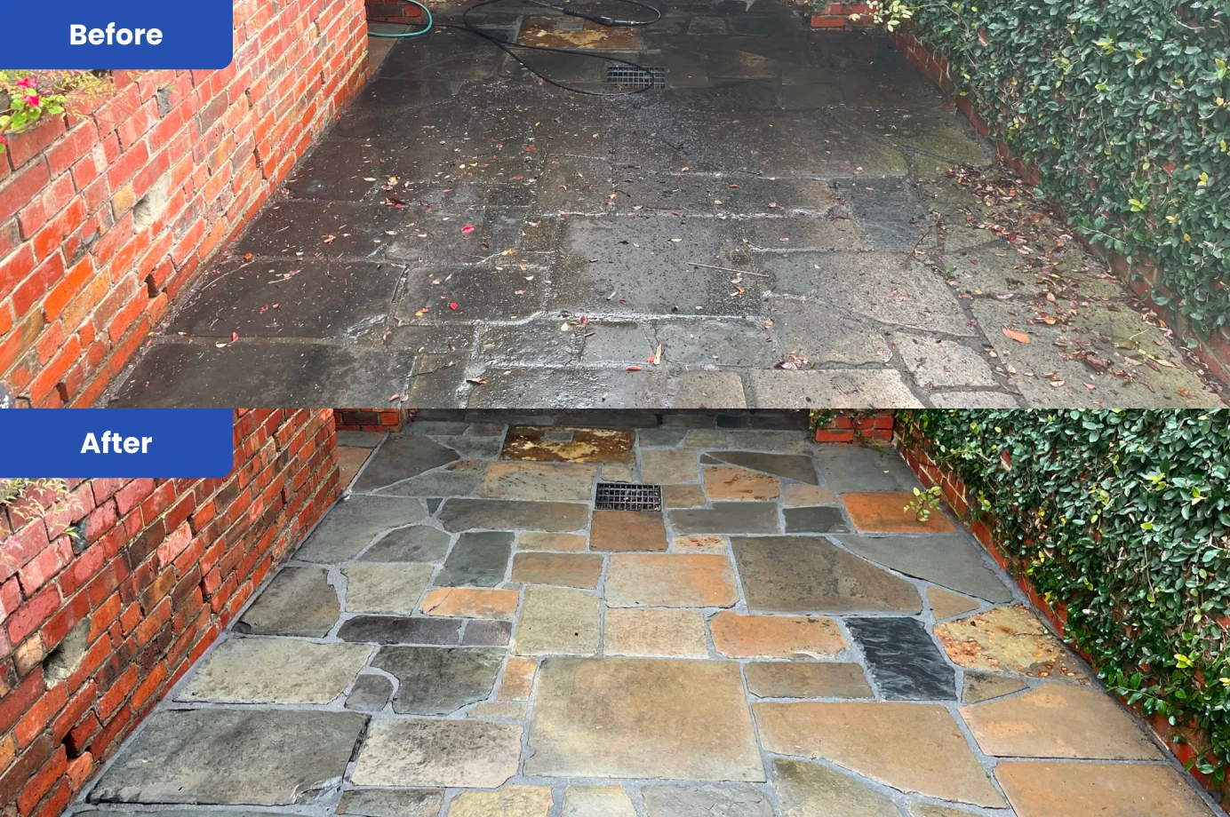 Before and after picture of a driveway before it was dirty after it was clean