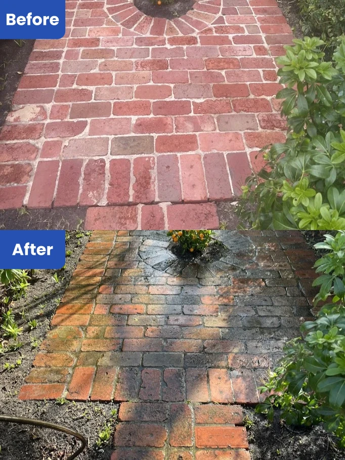 Before and after photo of brick pavements being cleaned